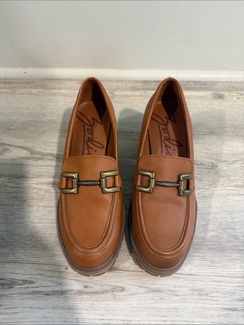 Women's Tan Chunky Heel Loafer with Gold Hardware - Picture 2 of 4